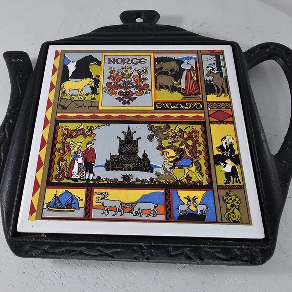 Norge Cast Iron Trivet With Colorful Tile Insert Norway - Picture 2 of 8